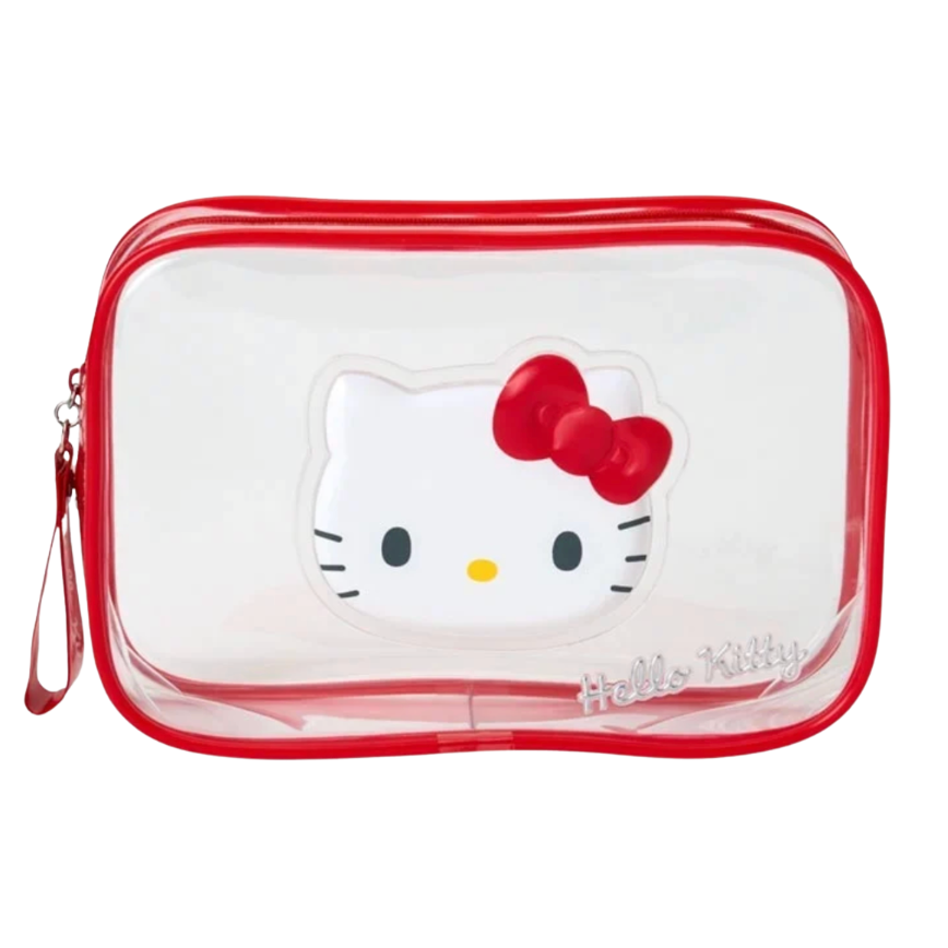 A clear plastic cosmetic pouch with a red zipper border and a Hello Kitty face graphic on the front, featuring a red bow and the Hello Kitty logo near the bottom right.