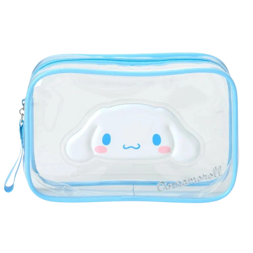 A clear zippered pouch with a light blue border and a large white cartoon character face on the front, plus a small 'Cinnamoroll' script near the bottom right.