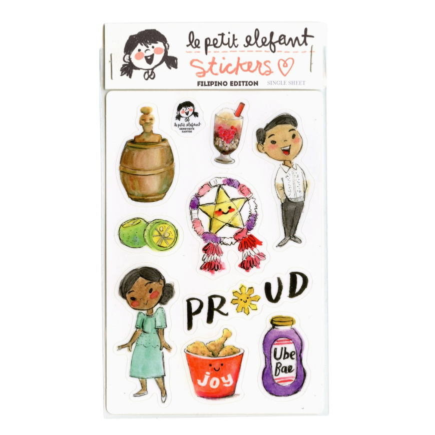 A sheet of colorful stickers from 'le petit elefant Stickers Filipino Edition' featuring cartoon characters, a star, and festive items on a white background.