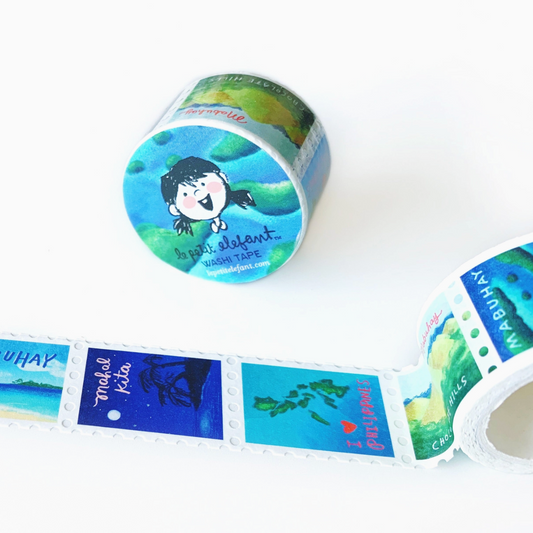 A roll of decorative washi tape with colorful illustrated stamps and a cartoon character, shown partially unrolled on a clean white background.
