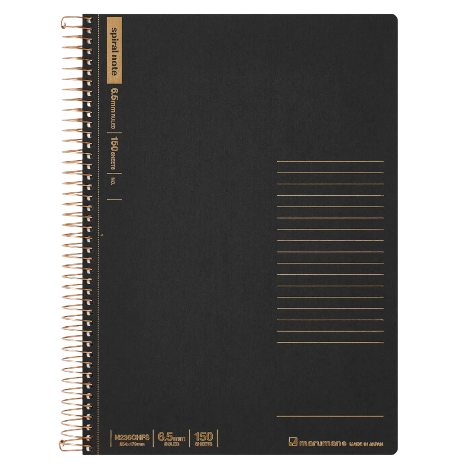 A black spiral-bound notebook with gold accents, including a gold wire coil binding, gold text labels, and gold horizontal lines on the right side, shown on a plain white background.