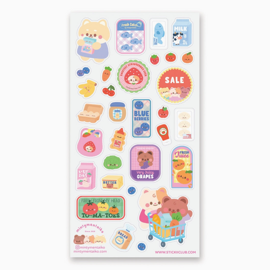 A sheet of cute pastel stickers featuring cartoon animals, groceries, and seasonal designs on a white background.