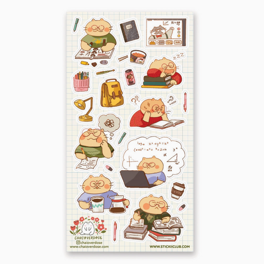 A sheet of cute cartoon cat stickers designed for planners or scrapbooks, featuring various study and daily life scenes on a light grid background.