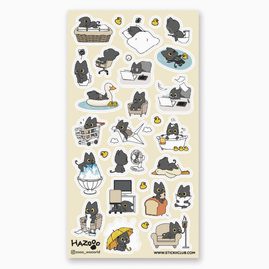 A sheet of cute cartoon cat stickers on a cream-colored backing card. The stickers depict the character Hazo-go in various daily activities like working at a desk, shopping, reading, and relaxing, with small yellow birds and clouds.