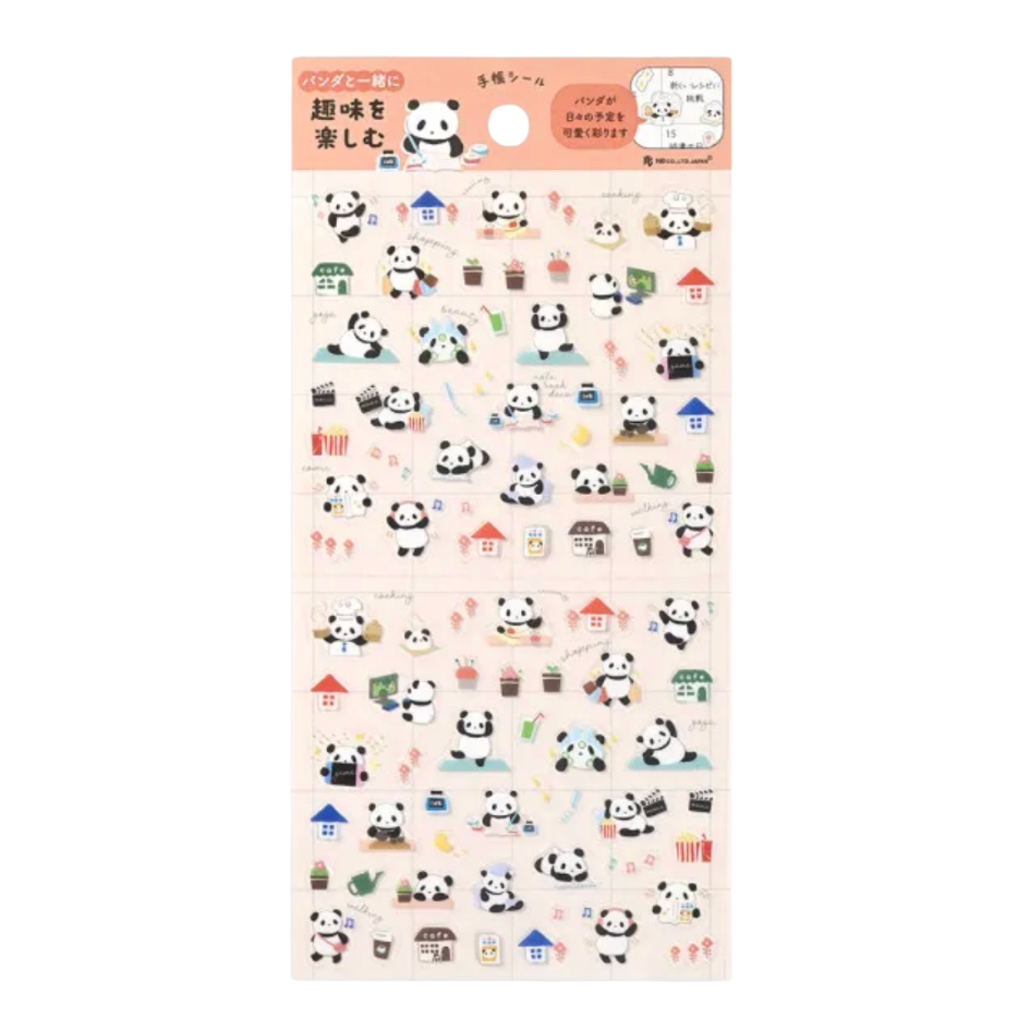 A sheet of cute panda-themed stickers with small houses, cups, and accessories, photographed on a plain white background.