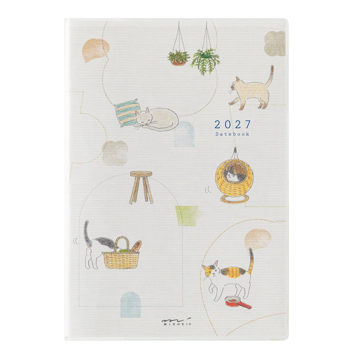 A 2027 daily planner with a white textured cover decorated with whimsical illustrations of cats in various cozy poses, including hanging baskets, a stool, and a cat toy. The title '2027 DAILY PLANNER' is printed in blue on the front.