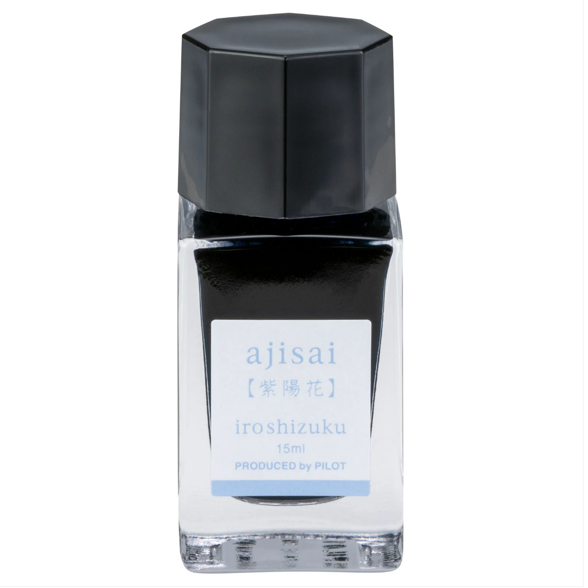 A 15ml bottle of ajisai iroshizuku ink, featuring a black cap and a clear glass body showing the dark ink inside, with a white label on a plain white background.