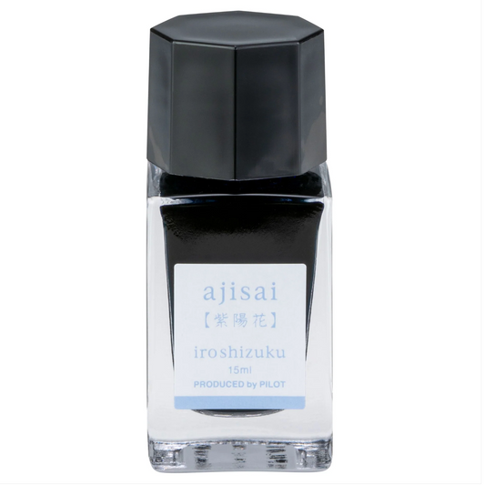 A 15ml bottle of ajisai iroshizuku ink, featuring a black cap and a clear glass body showing the dark ink inside, with a white label on a plain white background.