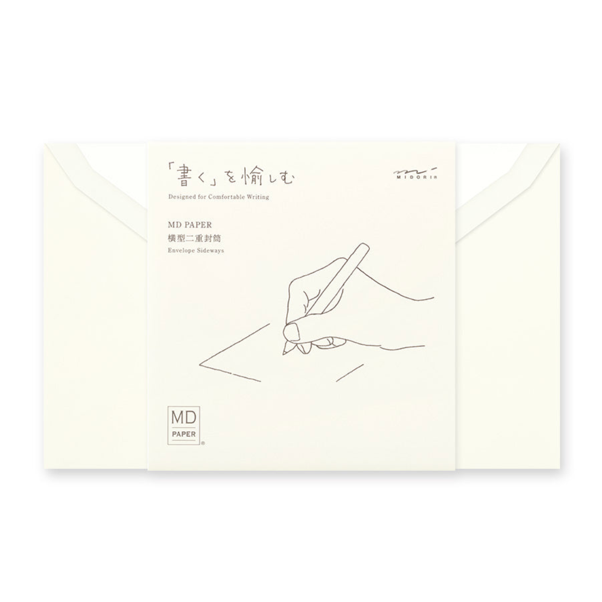 An off-white MD Paper envelope with a printed line drawing of a hand writing, shown with two matching envelopes behind it on a white background.