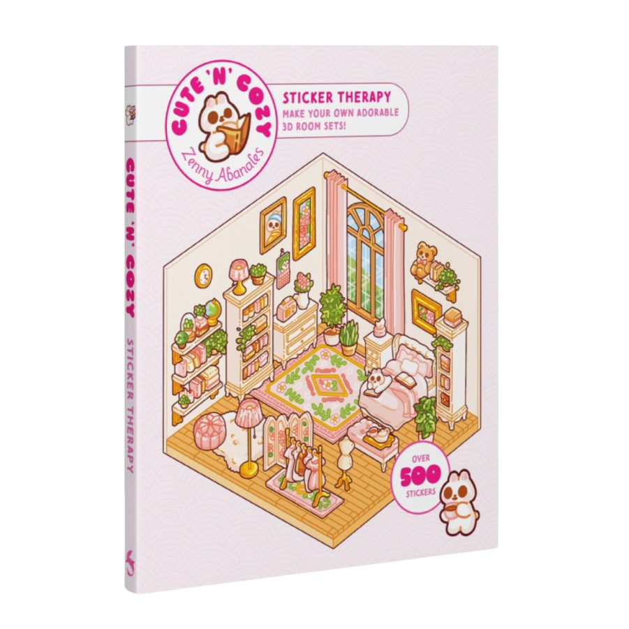 A book titled "CUTE 'N' COZY Zenny Abanales" shown on a clean white background. The package features a pastel pink cover with an illustrated isometric dollhouse-style room scene and text reading "Sticker Therapy" and "500 stickers.