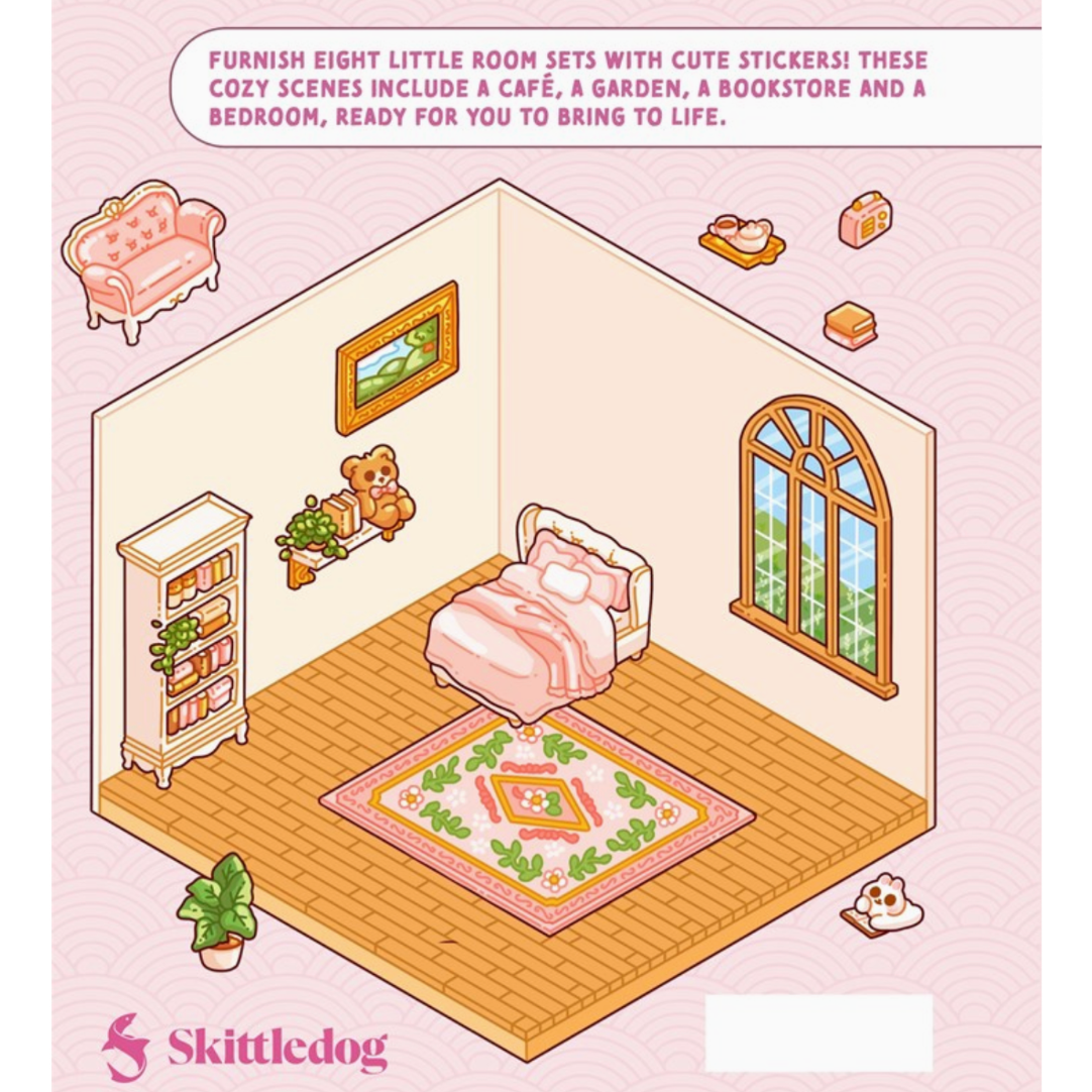 A pink book page graphic for Skittledog featuring an illustrated cozy room set with a bed, bookshelf, sofa, window, rug, plants, and small accessories. Text at the top describes the set, and the Skittledog logo appears at the bottom left.