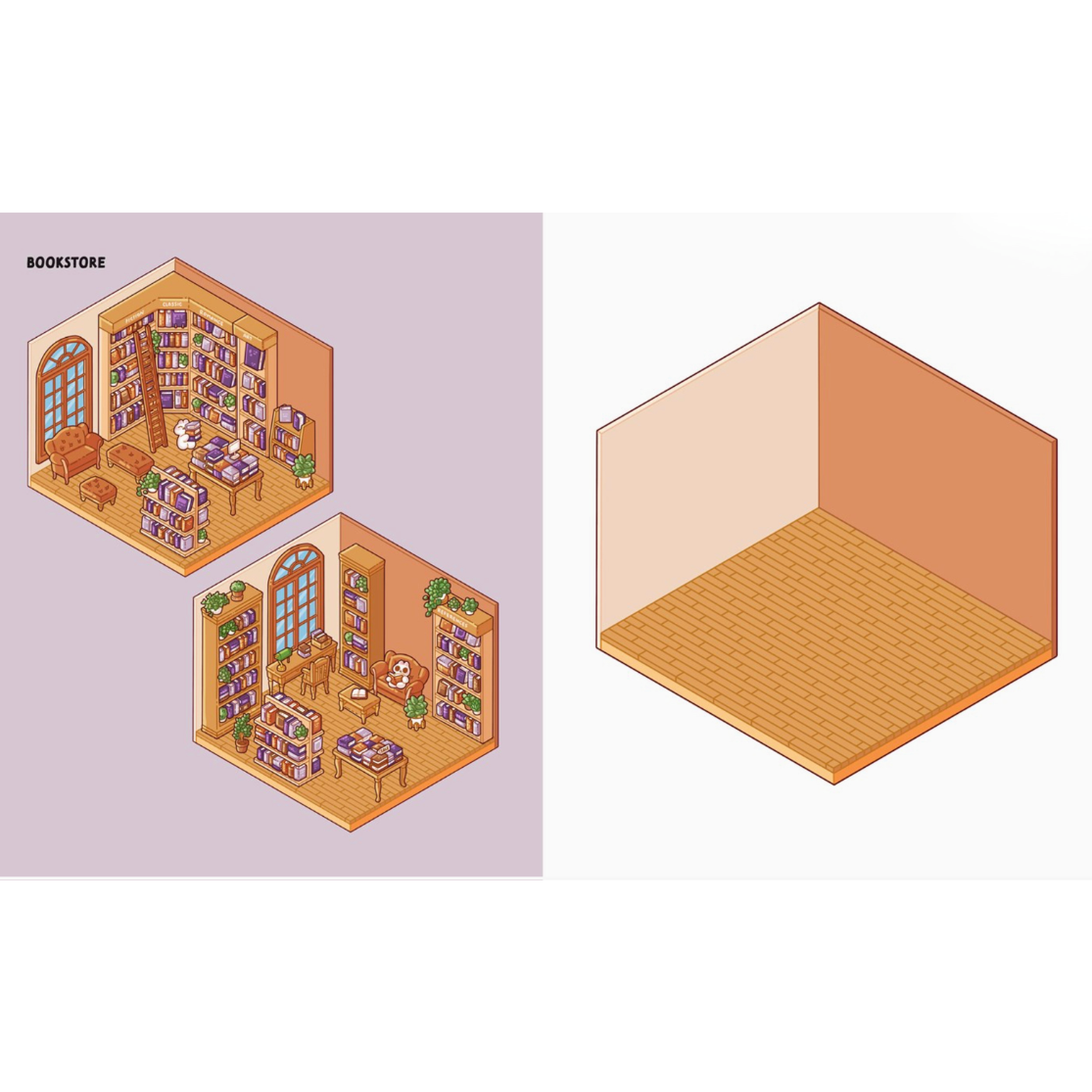 A digital isometric illustration showing miniature bookshelf room designs on the left and a blank room template on the right, labeled 'BOOKSHELF' at the top left.
