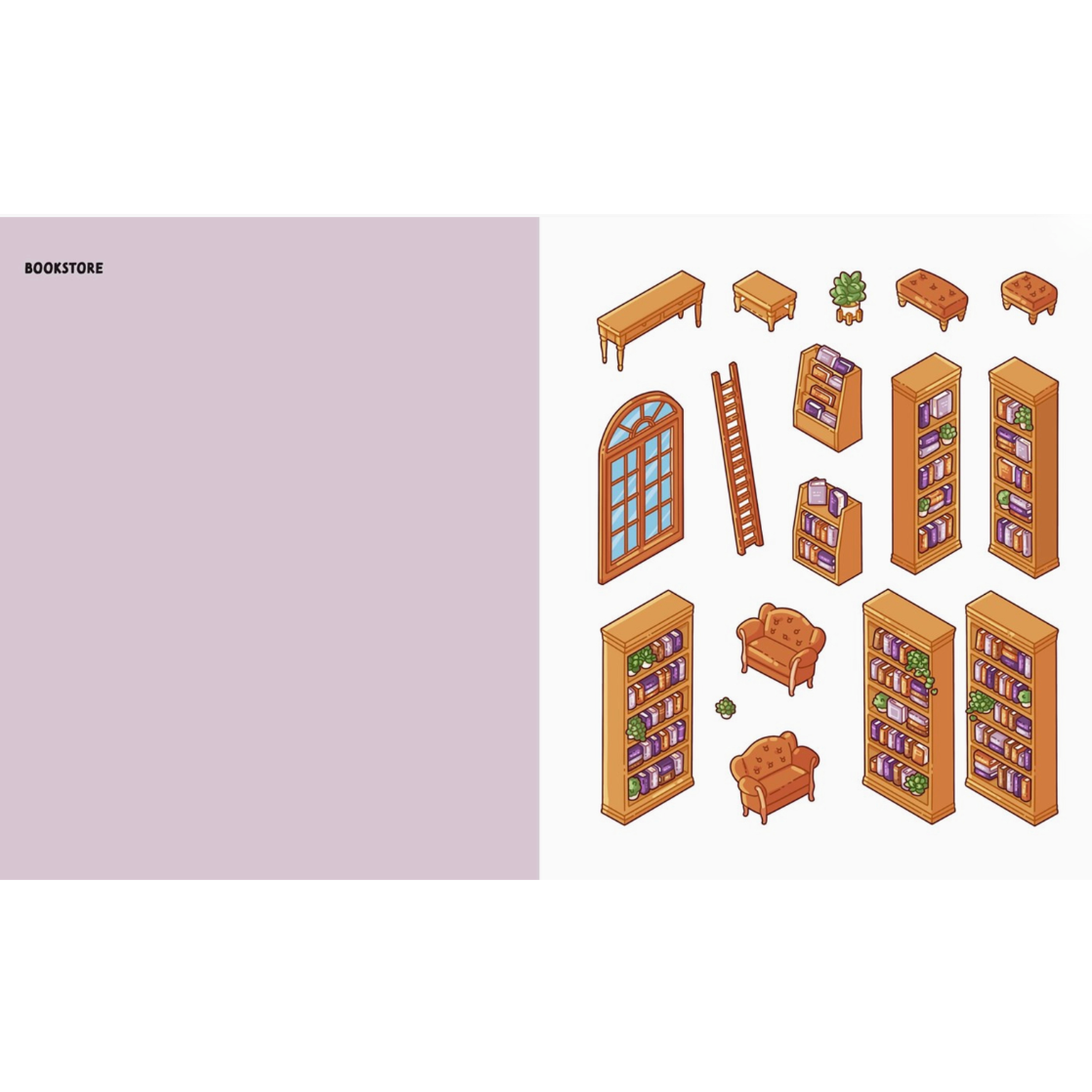 A digital preview sheet showing a collection of isometric vector illustrations of bookstores and library furniture, including bookshelves, tables, chairs, and a ladder, arranged on a white background with a light purple header area labeled 'BOOKSTORE'.