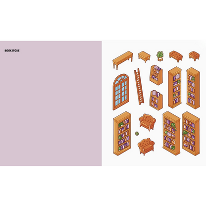 A digital preview sheet showing a collection of isometric vector illustrations of bookstores and library furniture, including bookshelves, tables, chairs, and a ladder, arranged on a white background with a light purple header area labeled 'BOOKSTORE'.