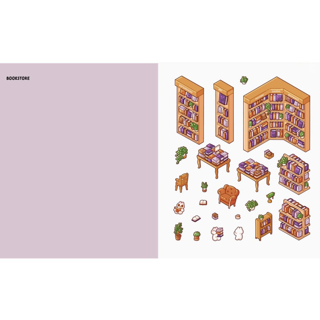 A digital preview sheet showing a collection of isometric vector illustrations of a bookstore interior. The set includes wooden bookshelves, tables, chairs, potted plants, and books, arranged on a white background with a light purple text label on the left reading 'BOOKSTORE'.