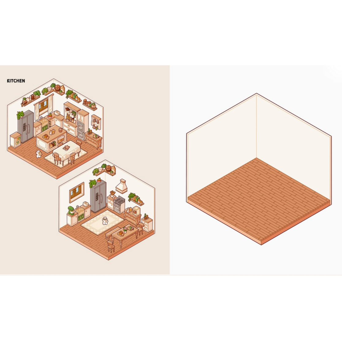 A minimalist isometric illustration showing two furnished kitchen interiors on the left and an empty room template on the right, likely a modular or customizable kitchen design kit.