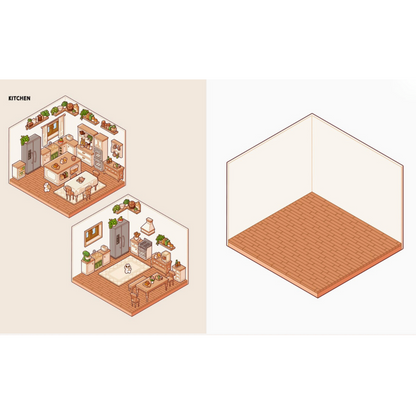 A minimalist isometric illustration showing two furnished kitchen interiors on the left and an empty room template on the right, likely a modular or customizable kitchen design kit.