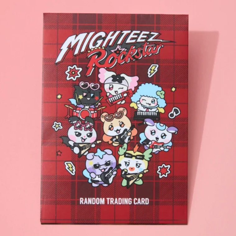 A red plaid box of Mighteez Rockstar random trading cards, featuring colorful cartoon characters on the front, set against a solid pink background.