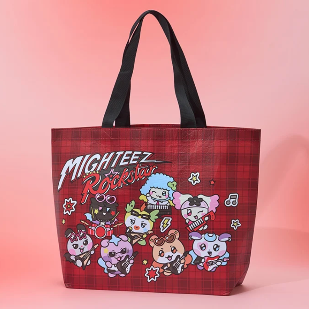 A red plaid tote bag with black handles, featuring the text 'MIGHTEEZ Rockstar' and cartoon animal characters on a pink gradient background.
