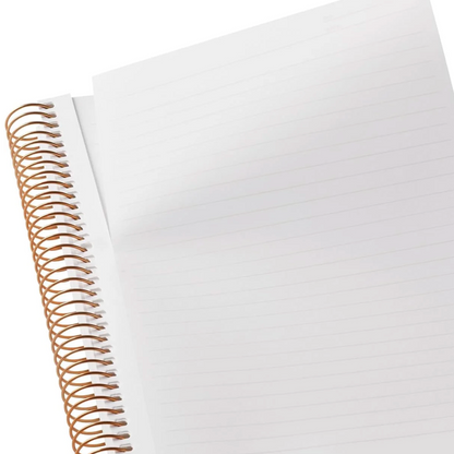 A close-up of a white lined spiral notebook with a metallic gold wire binding, shown on a clean white background.