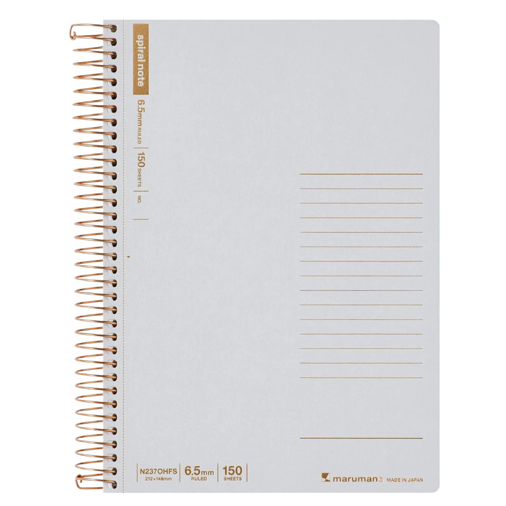 A light gray spiral-bound notebook with a white wire coil and gold-brown printed text and lines, shown on a plain white background. The brand Maruman is visible in the bottom right corner.