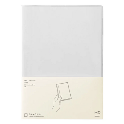 MD No.1 notebook cover in clear, featuring a minimalist cream-colored paper band at the bottom with a hand illustration and Japanese text.