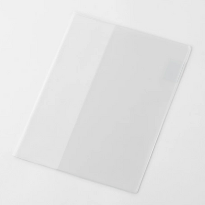 A clear, semi-transparent plastic sleeve or cover shown at an angle on a clean, light gray background.