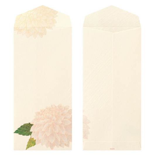 Two cream-colored paper envelopes shown side by side on a white background. The left envelope features a large pale pink floral illustration with green leaves near the bottom, and the right envelope is plain with a subtle diagonal texture.