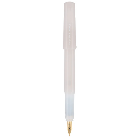 A translucent white fountain pen with a gold nib, shown vertically against a plain white background.