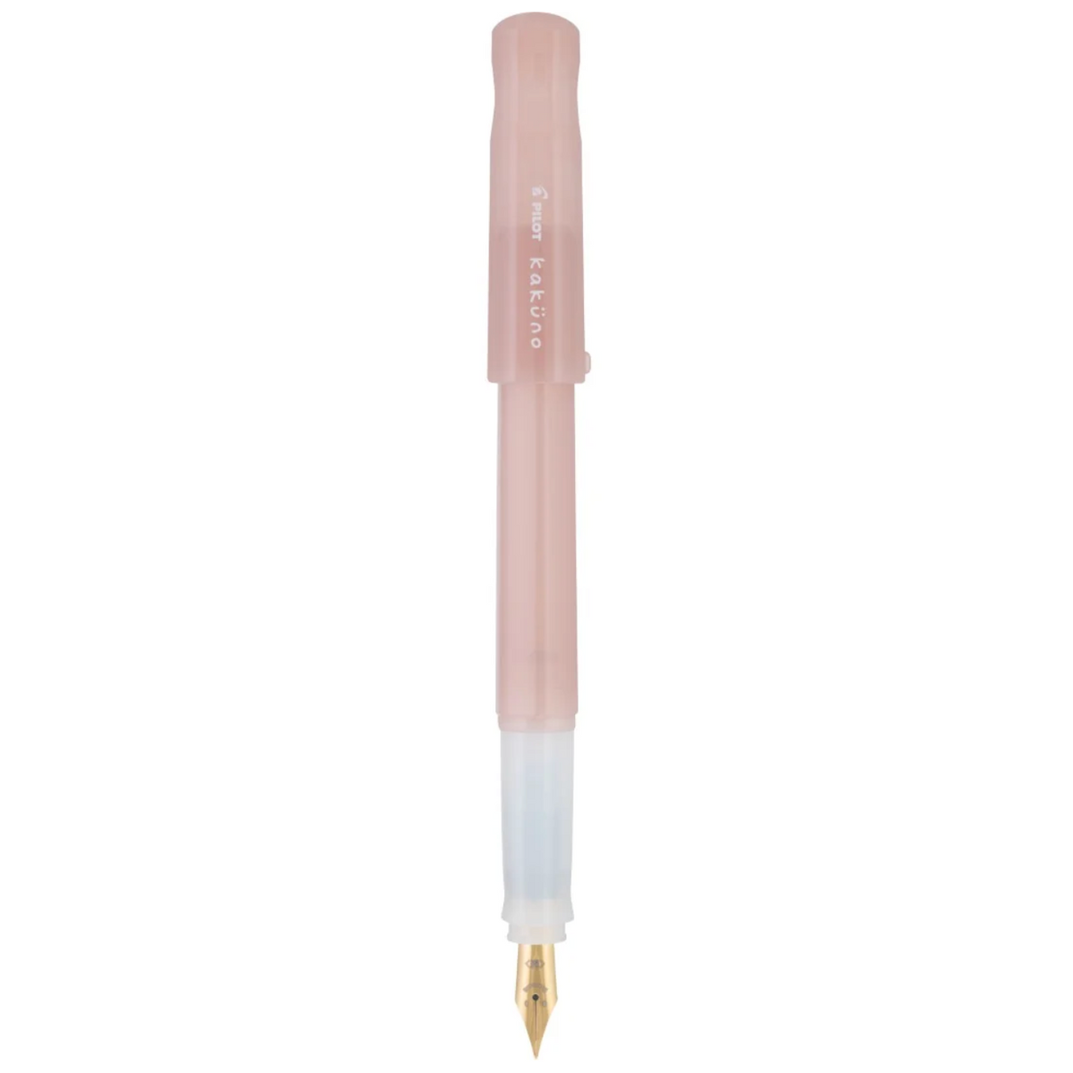 A translucent pink fountain pen with a gold nib and a white cap, shown vertically against a plain white background.