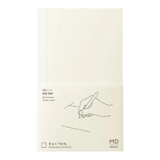 An off-white MD Notebook A6 Slim Book with a white elastic closure band, featuring minimalist black line art of a hand writing and Japanese text on the lower half.