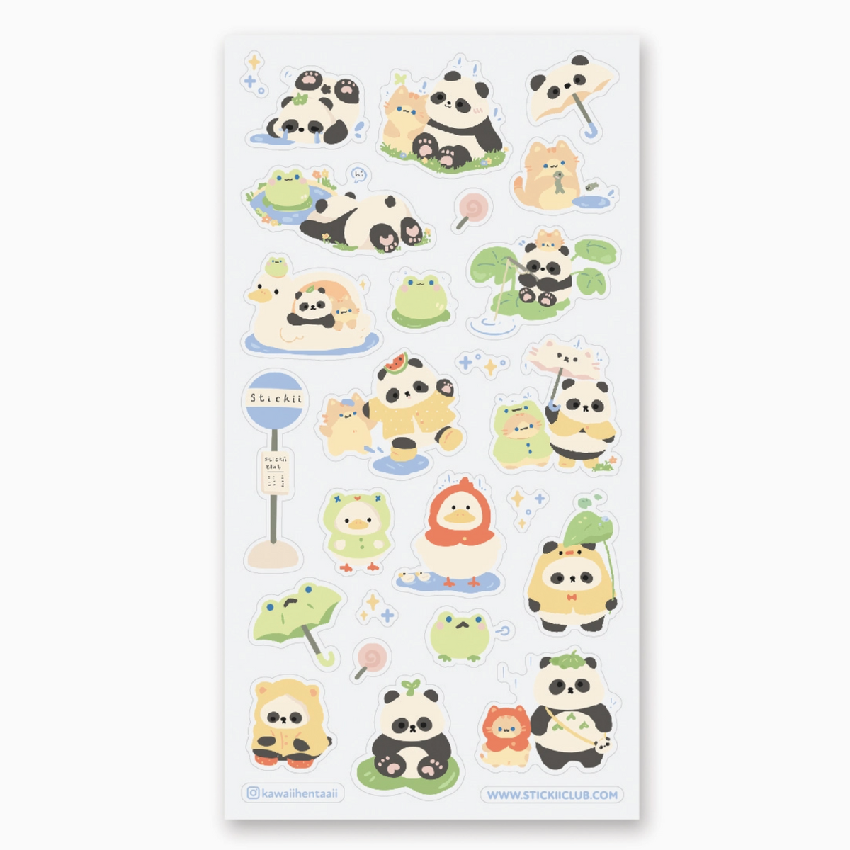 A sheet of cute cartoon stickers featuring pandas, frogs, and small animals in pastel colors, shown on a white background with a subtle drop shadow.