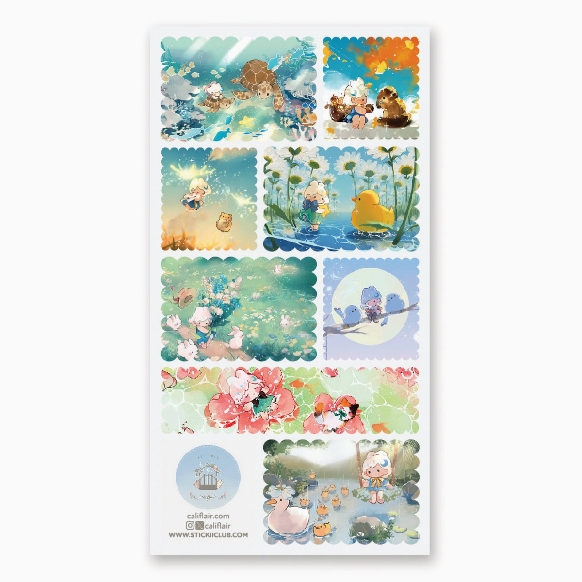 A sheet of cute illustrated stickers with multiple pastel scenes and characters, shown on a white background. The designs include floral, water, and outdoor scenes in soft pastel tones, with a small circular logo and website text at the bottom.