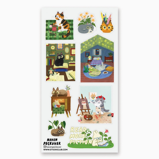 A sheet of cartoon cat illustrations with various scenes and characters, featuring the text 'READ MORE FICTION' and 'NAVEN PECKOVER' along with the website 'www.stickiiclub.com'
