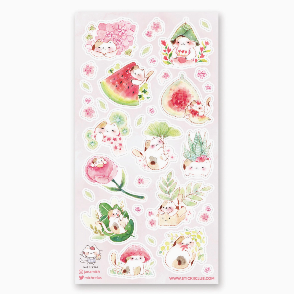 A sheet of cute watercolor-style stickers featuring small animals, flowers, fruit slices, leaves, and mushrooms on a pale pink background. The sheet includes illustrated characters and motifs such as a pink flower, watermelon slice, fig, tulip, succulent, mushroom, and a small house, with visible brand text at the bottom.