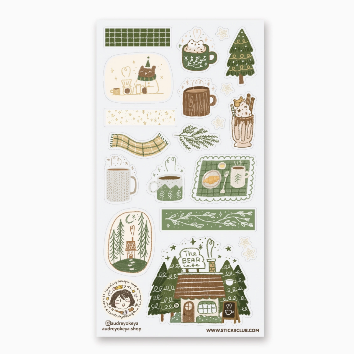 A sheet of winter-themed sticker designs featuring cozy illustrations like mugs of cocoa, a Christmas tree, a cabin, plaid patterns, and a small character, shown on a white background.