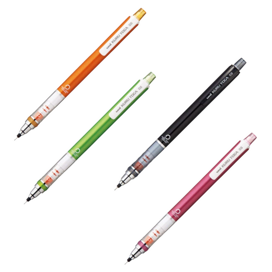 Four Uni Mechanical pencils in orange, green, black, and pink, arranged diagonally on a solid white background.