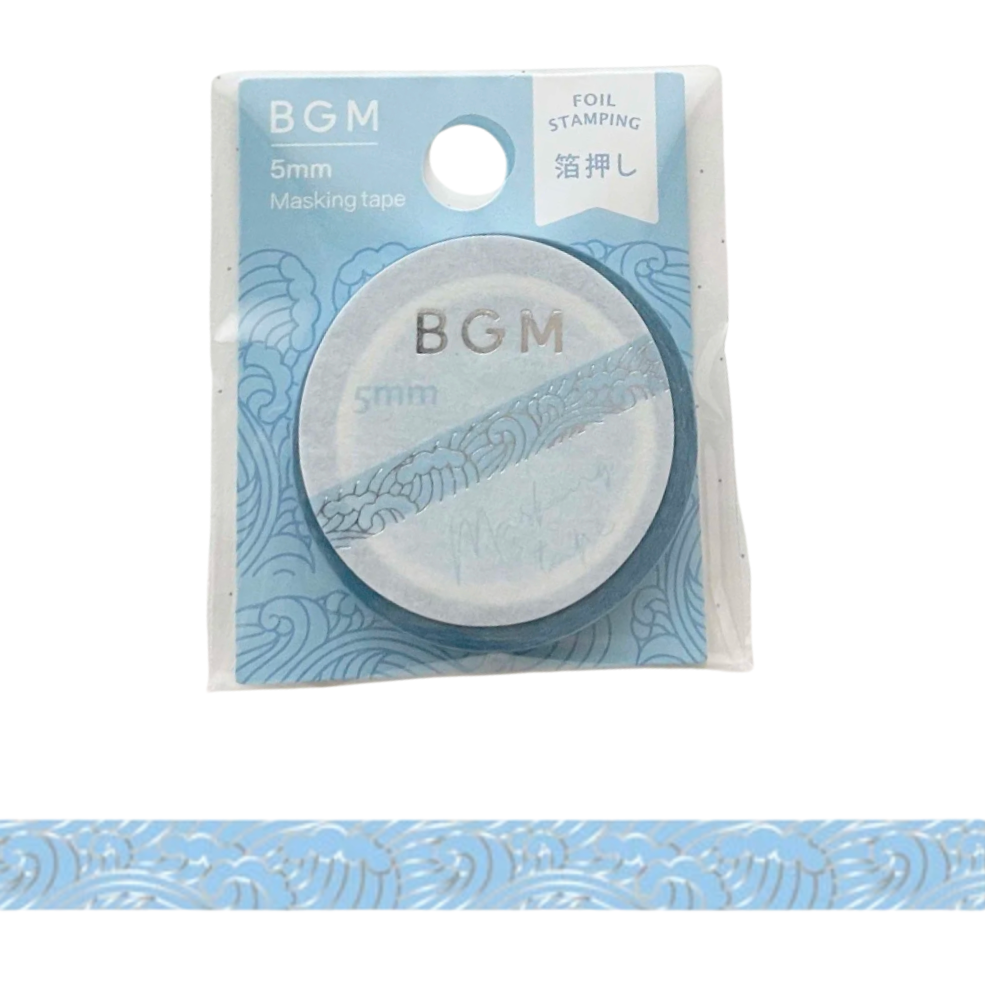 A package of BGM 5mm masking tape with a light blue and white wave pattern, shown above a strip of the unrolled tape on a white background.