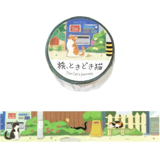 A roll of decorative washi tape labeled 'The Cat's journey' with a circular top view showing the brand label and a horizontal strip below displaying the illustrated cat-themed pattern.
