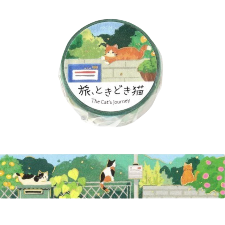 A roll of decorative washi tape with a colorful illustration of cats in a garden, shown both as a circular package top view and a straight strip preview on a white background.