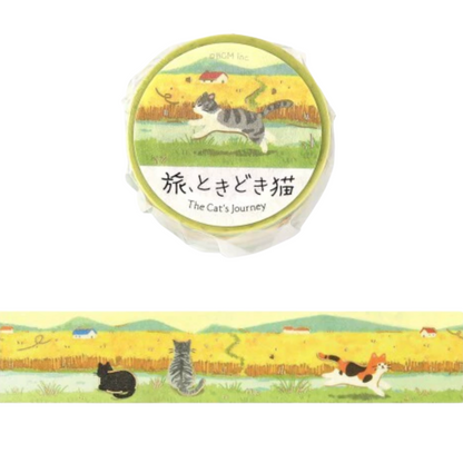 A round decorative item with a printed label reading 'The Cat's Journey' and Japanese text, shown above a matching illustrated strip featuring cats in a yellow field. The product appears to be a paper tape, sticker, or craft strip with a whimsical cat landscape design.