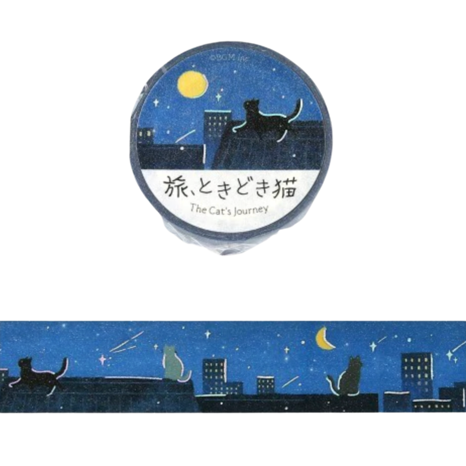 A roll of decorative washi tape with a night sky and cat illustration, shown both in its circular wrapped packaging and as a flat strip. The design features a dark blue starry sky, a yellow moon, and black cat silhouettes sitting on rooftops.