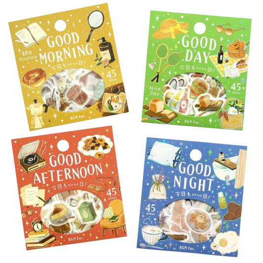 Four illustrated sticker sheets in colorful sticker packs labeled GOOD MORNING, GOOD DAY, GOOD AFTERNOON, and GOOD NIGHT, arranged on a white background.