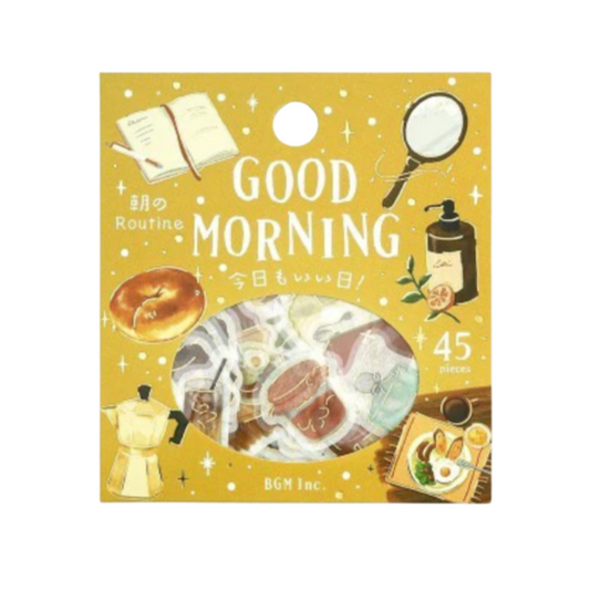 A packaged stickers labeled 'GOOD MORNING' with illustrated vintage breakfast and kitchen scenes, shown on a white background.