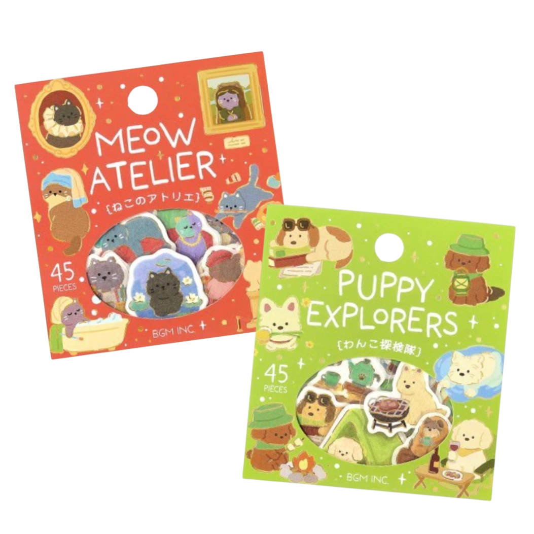 Two colorful BGM sticker packs featuring cute animal illustrations: a red-orange 'MEOW ATELIER' pack and a light green 'PUPPY EXPLORERS' pack, shown on a plain white background.