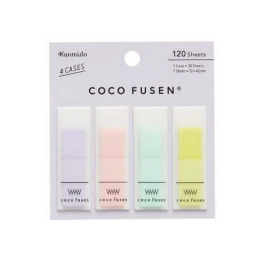 A pack of Kanmido Coco Fusen sticky notes in four different colors, each contained in their own case with a total of 120 sheets.