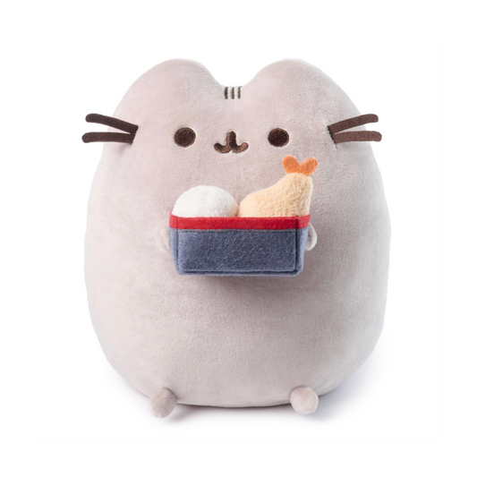 Plush toy resembling a cat holding a bento box on a white background
