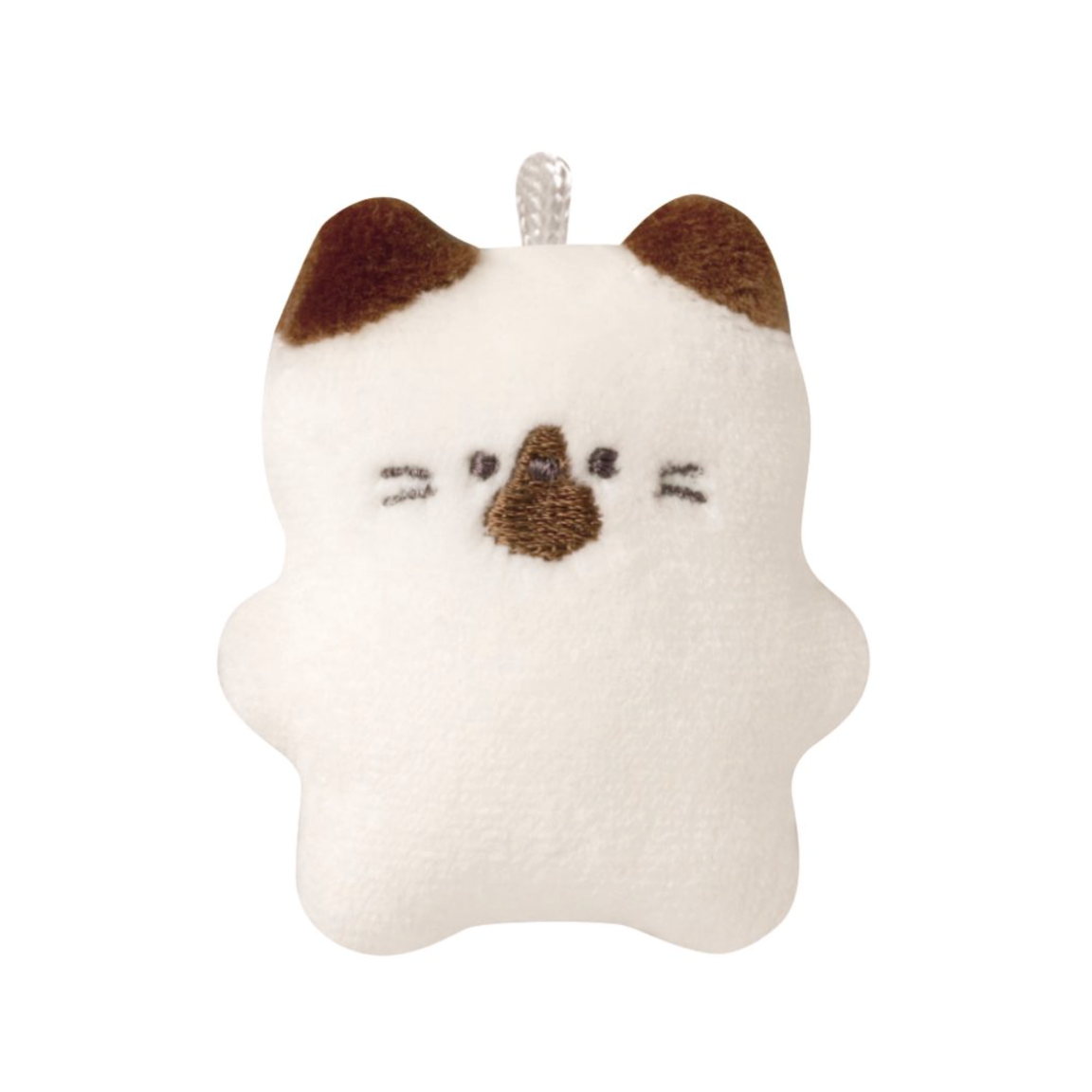 White cat-shaped plush keychain with brown ears on a white background