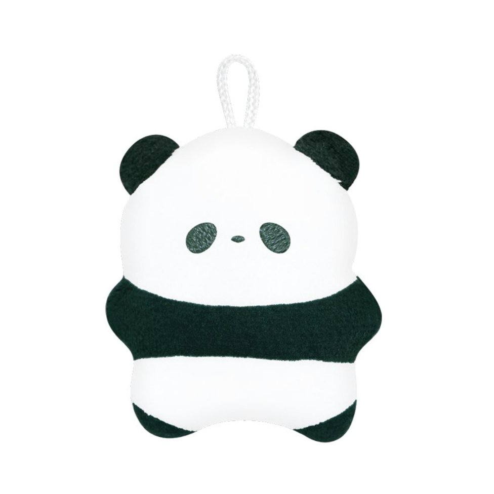 Panda-shaped plush keychain with a white background