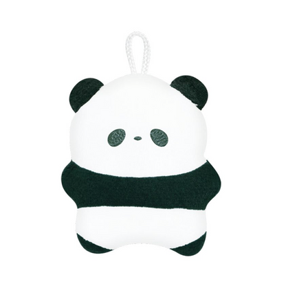 Panda-shaped plush keychain with a white background